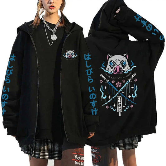 Demon Slayer: Hot Hashibira Inosuke Printing Zipper Hoodie Fashion Y2k Personality Zipper Long Sleeve Hooded Sweatshirt