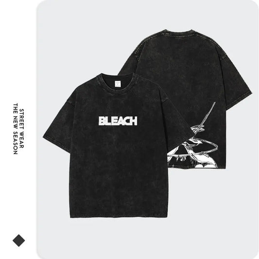 Bleach: Zaraki Kenpachi T Shirts Oversized Vintage Washed  T-shirt Manga Kurosaki Ichigo T Shirt Renji Uryuu Tops Tees Man