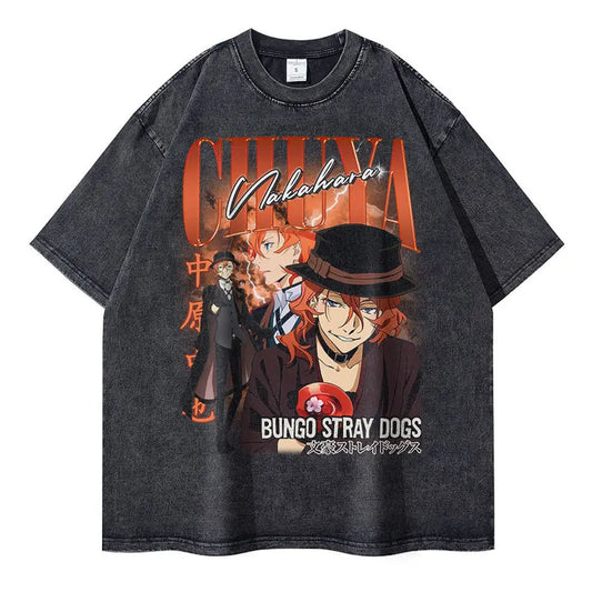Bungo Stray Dogs: Nakahara Chuuya T-shirt Vintage Washed Oversized Streetwear Dazai Osamu Atsushi Retro Tops Tees