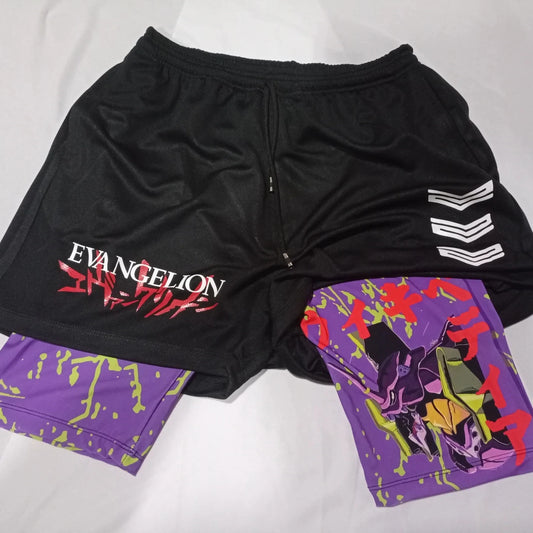 Dragon Ball: EVA-01 Shorts Anime Print Double Layer Workout Shorts for Gym Training and Sports