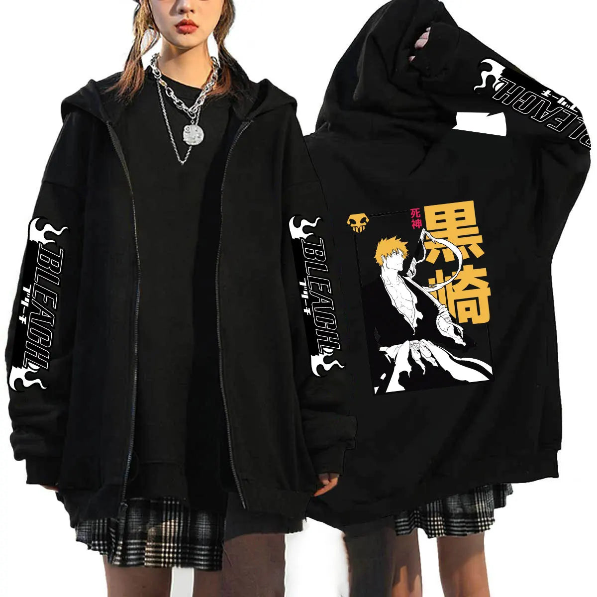 Bleach: Kurosaki Ichigo Printed Hooded Men Women Zip Up Hoodies Casual Loose Sweatshirt Harajuku Unisex Zipper Jacket
