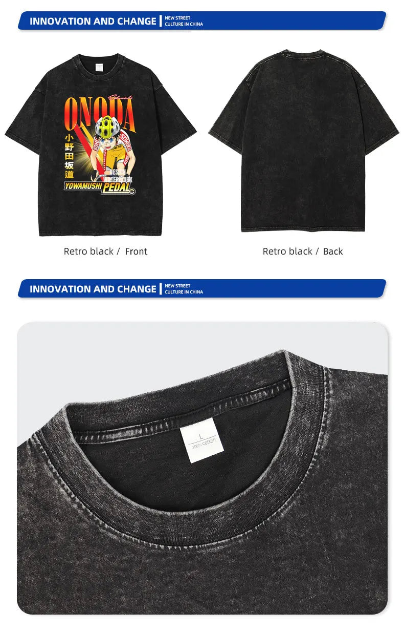 Yowamushi Pedal: T-shirts Oversized Vintage Washed Onoda Sakamichi T Shirt Retro Streetwear Harajuku Tops Tees Man Cotton