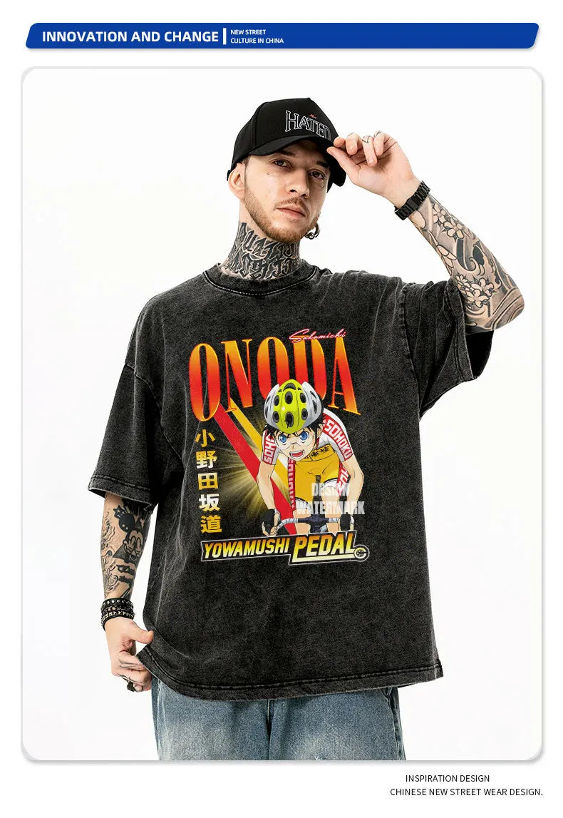 Yowamushi Pedal: T-shirts Oversized Vintage Washed Onoda Sakamichi T Shirt Retro Streetwear Harajuku Tops Tees Man Cotton