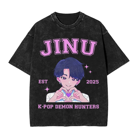 K-Pop Demon Hunters Washed T-Shirt Man Derpy Tiger Casual T-Shirts Summer Breathable Trendy Tee Shirt Design Plus Size Clothes