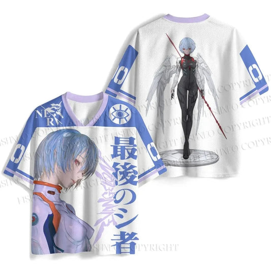 Evangelion: Rei Ayanami The Last Angel Print Jersey T-shirt Men Oversized Streetwear V-Neck Casual Tops