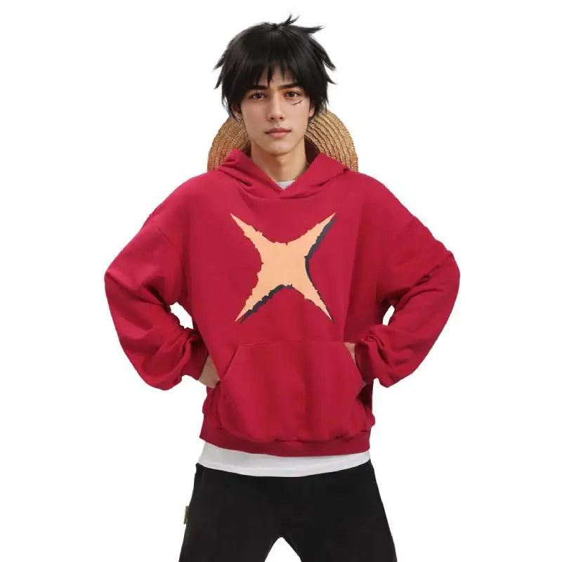 One Piece: DAZCOS Luffy Red Hoodie Polyester Luffy Printed Hoodie Cosplay Men Red Hoodie Pullover Costume with Pocket Daily Casual Wear