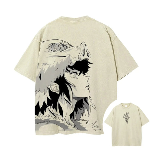 Demon Slayer: Men's Women's Washed T-Shirt Inosuke Hashibira Summer Spring Anime Tee Retro Distressed High Quality Short Sleeve