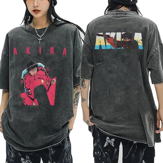 Akira: Washed Vintage T Shirt Science Fiction Cartoon Movie Shotaro Kaneda T-shirt Cotton Casual T-shirt