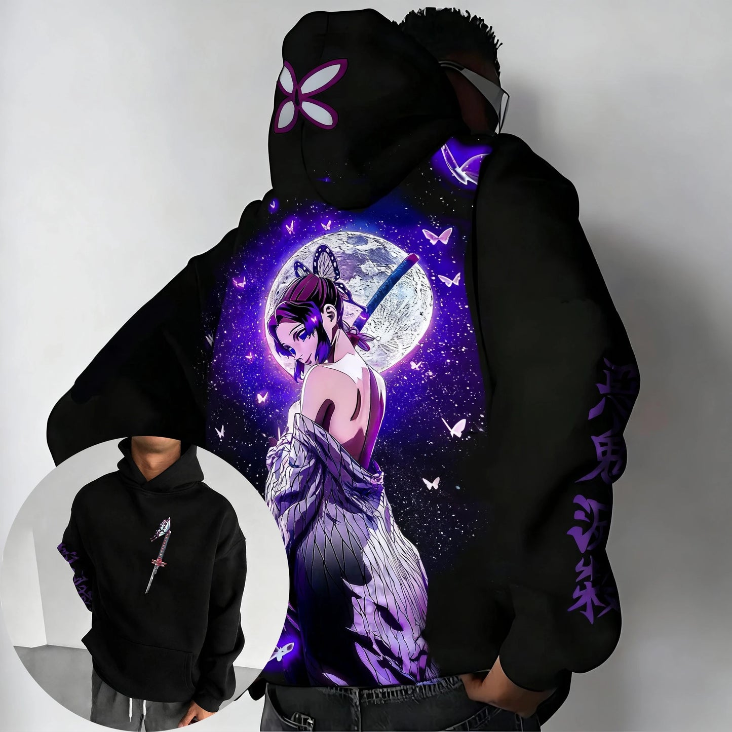 Demon Slayer: Y2K Trendy Hoodie Men's Autumn/Winter New Kochou Shinobu Anime Printed Street Hip Hop Casual Loose Parent Child Top