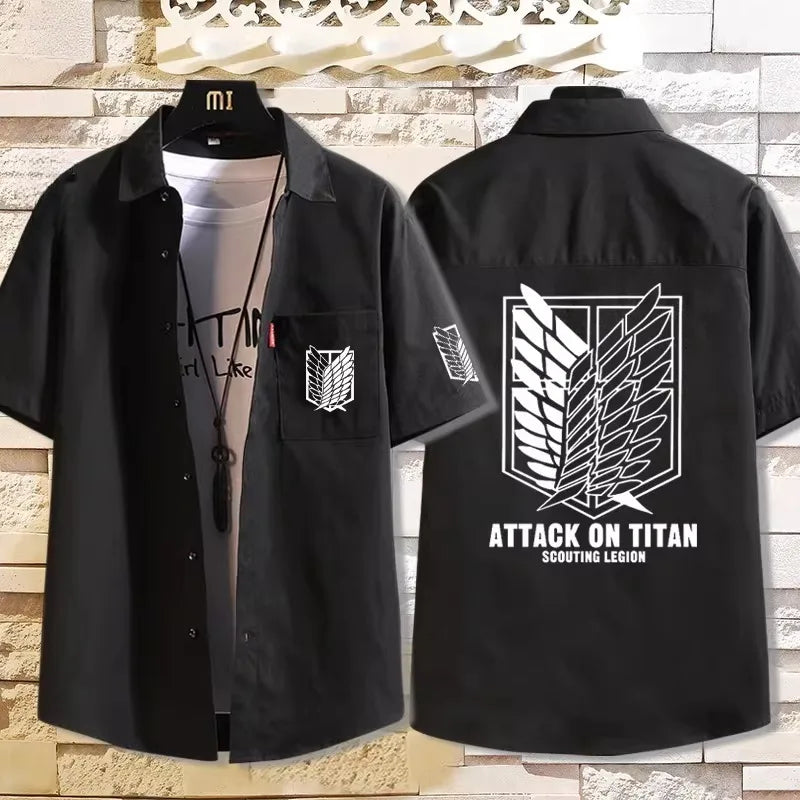 Attack on Titan: Casual Short Sleeve Shirt Loose Unisex Button Print Pattern Top