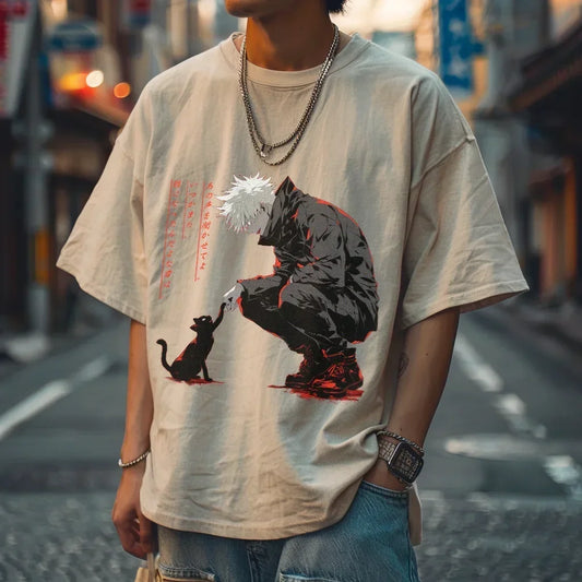 Jujutsu Kaisen: Y2K Washed Tshirt, Gojo Satoru And Cat Kitten, Oversized Streetwear Vintage Washed Short T-shirt For Men Women