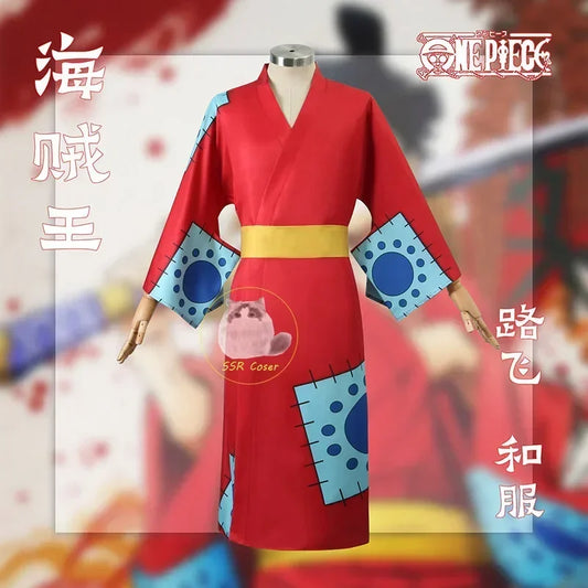 One Piece: Anime Luffy Cosplay Costume, Wano Country Monkey Cosplay Kimono pour hommes adultes chapeau cardigan rouge, olympiques Halloween
