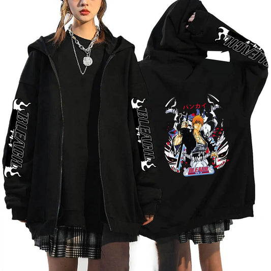 Bleach: Kurosaki Ichigo Printed Hooded Men Women Zip Up Hoodies Casual Loose Sweatshirt Harajuku Unisex Zipper Jacket