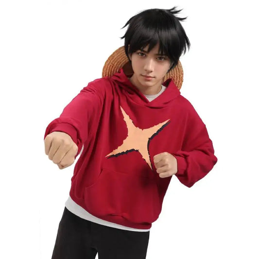 One Piece: DAZCOS Luffy Red Hoodie Polyester Luffy Printed Hoodie Cosplay Men Red Hoodie Pullover Costume with Pocket Daily Casual Wear