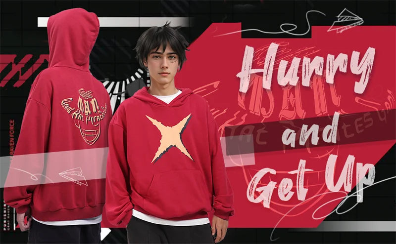 One Piece: DAZCOS Luffy Red Hoodie Polyester Luffy Printed Hoodie Cosplay Men Red Hoodie Pullover Costume with Pocket Daily Casual Wear