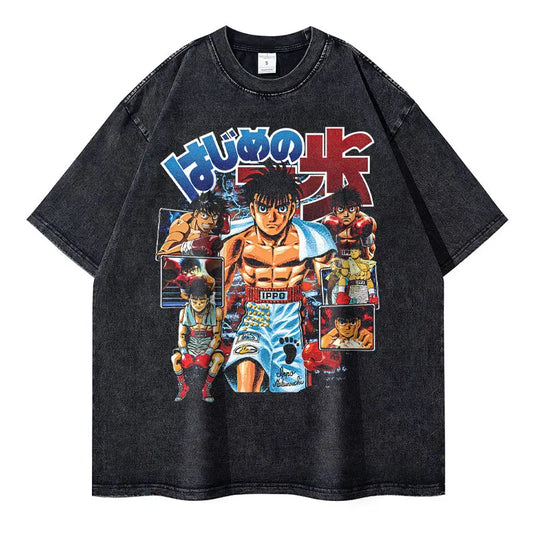 Hajime no Ippo: T-shirts Streetwear Vintage Washed Fighting Spirit T Shirt Oversized Short Sleeve Retro Manga Tops Tees Men