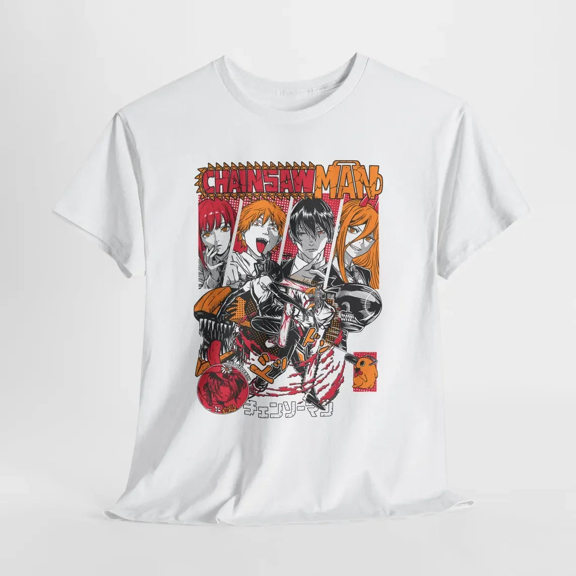 Chainsaw Man: Crew Is Assembled! Machima + Denji + Power Comic-style All-over 3D Print Trendy Short-sleeved Shirts.