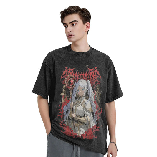 Frieren: The Slayer Heavy Metal Washed T Shirts Streetwear Hip Hop Retro T-Shirts Tees for Men Women 100% Cotton Street Graphic
