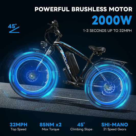 Yowamushi Pedal: Baolujie 2000W Electric Bike with 20AhRemovable Battery 26"×4"Fat Tire Ebike for Adults 35MPH 80MilesElectric Bicycles