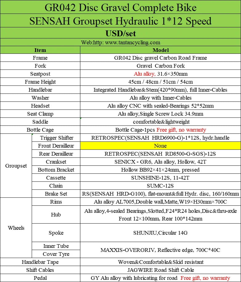 Yowamushi Pedal: SENSAH 1X12S Hydraulic Groupset Gravel Bike Cyclocrossy Bicycle GR042 Aluminum Wheelset 45/48/51/54cm Size