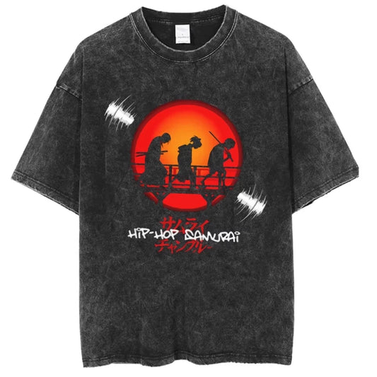 Samurai Champloo: T-shirt Vintage Washed Oversized T-Shirts Men's Women's Clothing Pure Cotton Short-Sleeved Tees