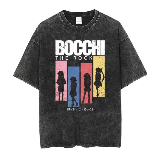 Bocchi The Rock: Manga Ryo Top Print Vintage T-Shirt Casual Basis O-Collar Black Shirt Short Sleeve Washed T-Shirt