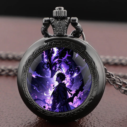 Solo Leveling Arabic Dial Black Glass Dome Quartz Pocket Watch Vintage Accessory Women Necklace Pendant Clock Men Gifts Relógio