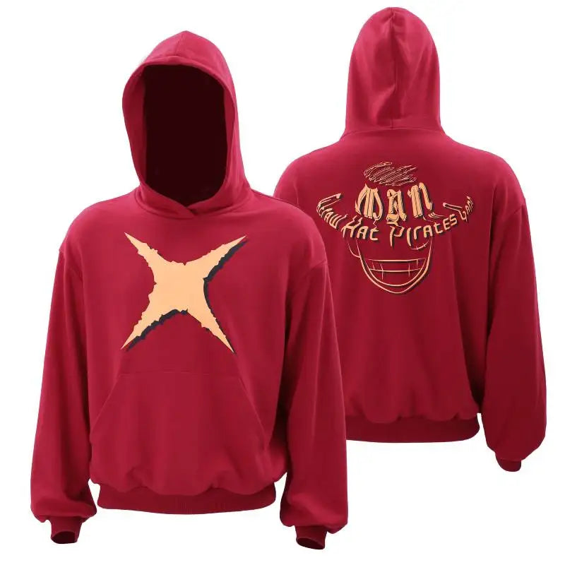 One Piece: DAZCOS Luffy Red Hoodie Polyester Luffy Printed Hoodie Cosplay Men Red Hoodie Pullover Costume with Pocket Daily Casual Wear