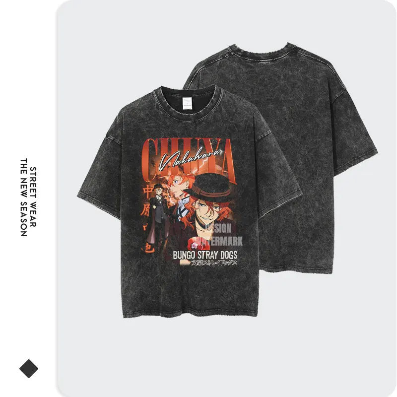 Bungo Stray Dogs: Nakahara Chuuya T-shirt Vintage Washed Oversized Streetwear Dazai Osamu Atsushi Retro Tops Tees