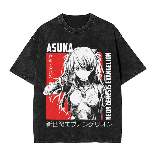 Neon Genesis Evangelion: EVA Asuka Langley Soryu Vintage Washed T-Shirt, Anime Graphic Streetwear, Oversized Cotton Tee for Men