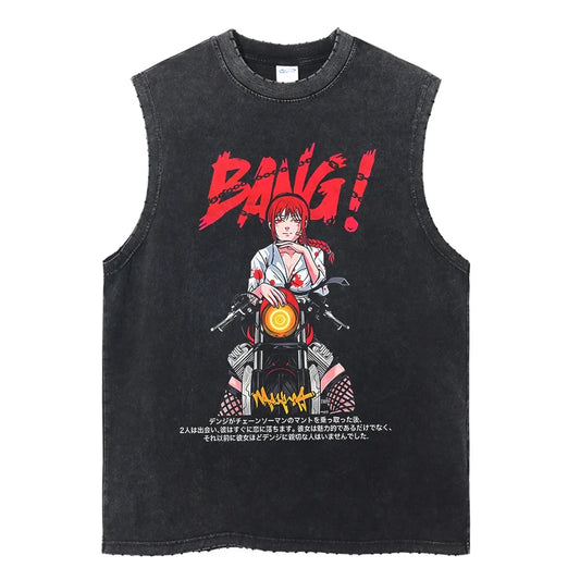Chainsaw Man: Distressed Tank Top Reze Bomb Devil Hybrid Print Men Women Cotton Loose Fit Comfort Gym Streetwear Unisex