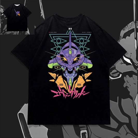 Evangelion: 2026 EVA Unit-01 Head Double-sided Anime T-shirt Men Women Vintage Oversized Streetwear Harajuku Casual Cotton Tee