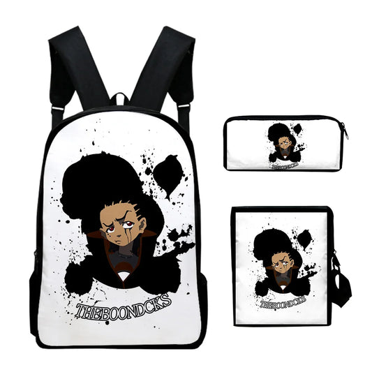 The Boondocks: Harajuku Popular 3D Print 3pcs/Set pupil School Bags Laptop Daypack Backpack Inclined shoulder bag Pencil Case