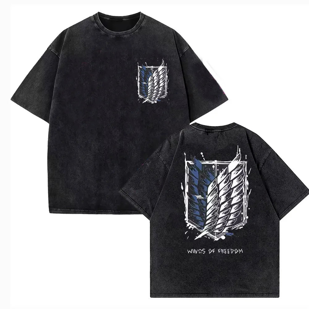 Attack on Titan: Vintage Washed Print T-shirt Mikasa Ackerman Eren Jaeger Wings of Freedom Mens High Quality Cotton T-shirts