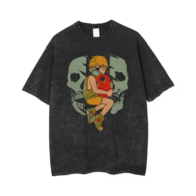 Chainsaw Man: Acid Tshirt Retro Vintage Washed Printed Graphic T Shirt Men Harajuku Cotton Casual Short Sleeve Tshirt Tops