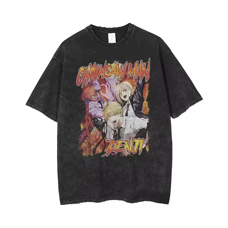 Chainsaw Man: Acid Tshirt Retro Vintage Washed Printed Graphic T Shirt Men Harajuku Cotton Casual Short Sleeve Tshirt Tops