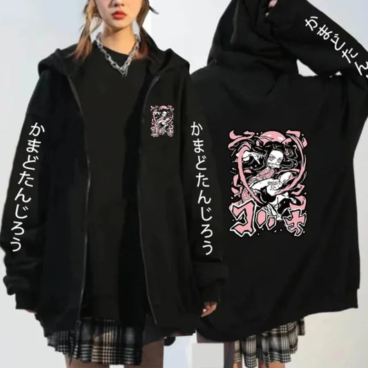 Demon Slayer Pattern Printed Sweatshirt Autumn/Winter Warm Long Sleeve Coat - Women's Fashion Zipper Sweater Hoodie
