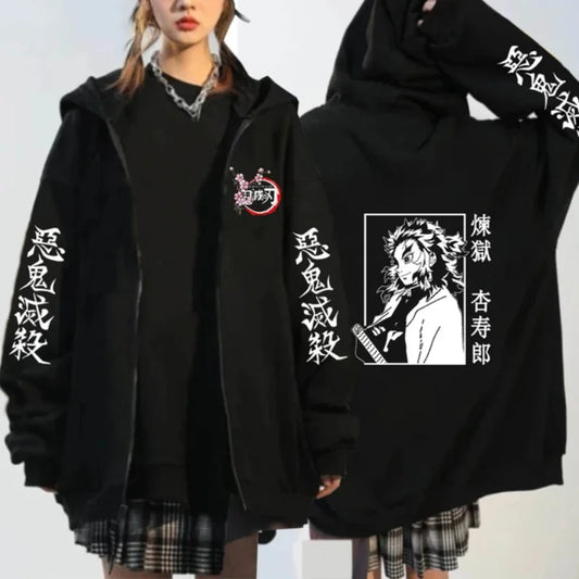 Demon Slayer Pattern Printed Sweatshirt Autumn/Winter Warm Long Sleeve Coat - Women's Fashion Zipper Sweater Hoodie