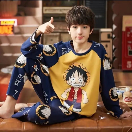 One Piece: Luffy Cute Cartoon Kids Pajamas Suit 3-14 Y Boys Autumn Thin Long Sleeves Home Clothes Sleepwear Set Kids Gift