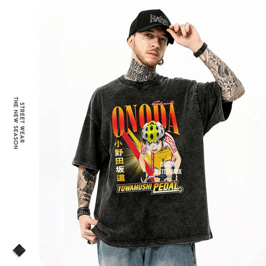 Yowamushi Pedal: T-shirts Oversized Vintage Washed Onoda Sakamichi T Shirt Retro Streetwear Harajuku Tops Tees Man Cotton