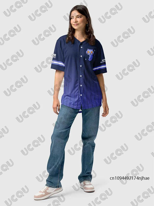 KPop Demon Hunters Derpy Tiger Baseball Jersey Couples For Women Men V-Neck Short Sleeve Shirts Casual Streetwear Button Up Tops