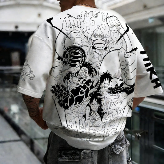 One Piece: Anime Printed Luffy Surrounding Round Neck Short Sleeve 2026 Spring/Summer Men's Loose Breathable Cotton T-shirt