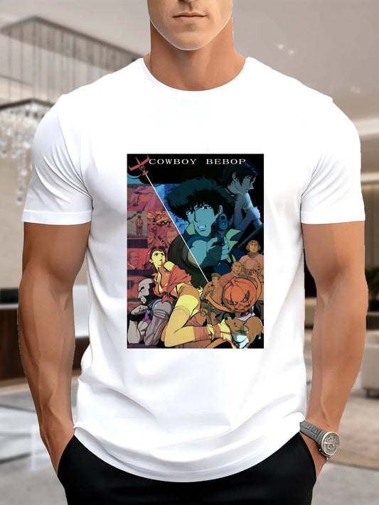 Cowboy Bebop: Men's Printed T-Shirt - Graphic Cotton Tee, Soft Breathable Short Sleeve Top for Casual Summer Outfits, Trendy Anime