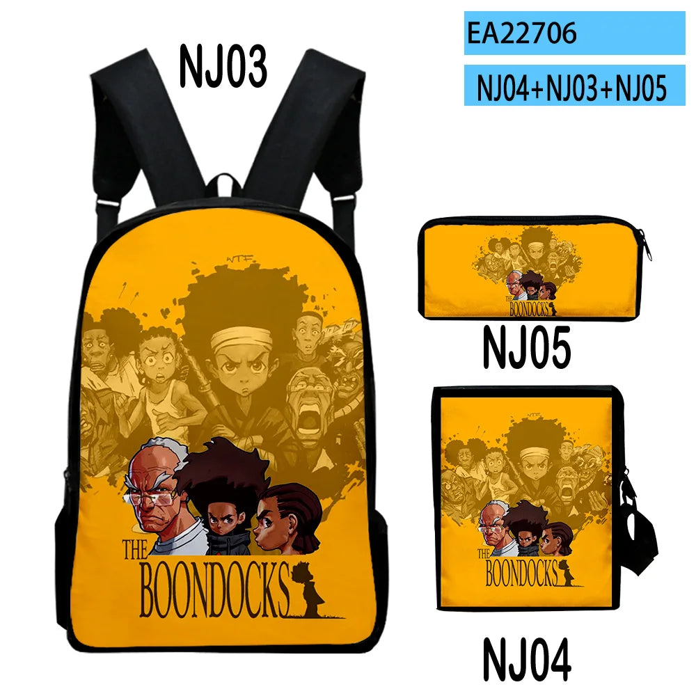 The Boondocks: Harajuku Popular 3D Print 3pcs/Set pupil School Bags Laptop Daypack Backpack Inclined shoulder bag Pencil Case