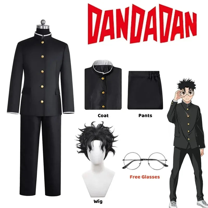Dandadan: Ken Takakura Cosplay Costume Wig Anime Okarun School Uniform Black Jacket Pants Gakuran Glasses Halloween Party Men