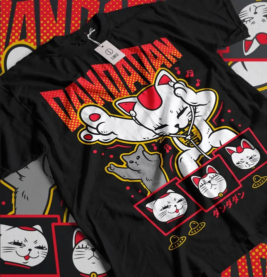 Dandadan: Maneki Neko Lucky Cat with Headphones Cotton T-shirt Street Style Casual Wear 2026 Summer Cute Graphic Tee