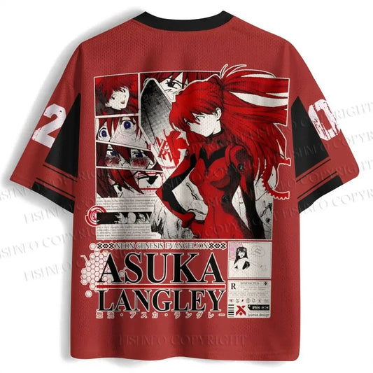 Neon Genesis Evangelion: New Asuka Langley Jersey NERV Logo V-Neck Short Sleeve T-shirt Anime Mecha Fan Casual Streetwear