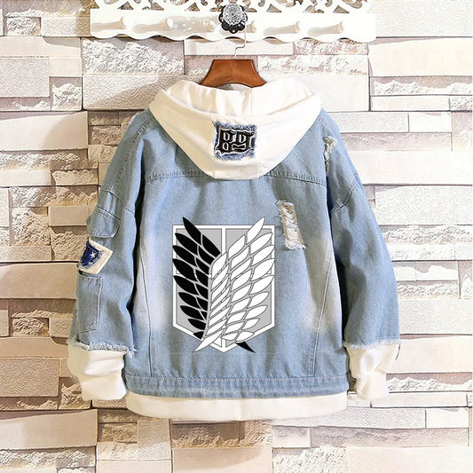 2023 Attack on Titan Jeans Jacket Scout Regiment Cosplay Denim Jacket Autumn Eren Jager Hooded Sweatshirt Outwear Coat