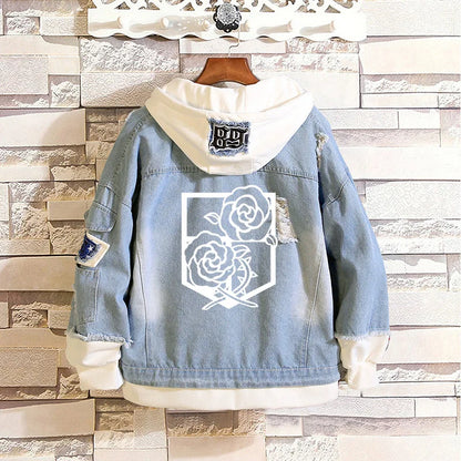 2023 Attack on Titan Jeans Jacket Scout Regiment Cosplay Denim Jacket Autumn Eren Jager Hooded Sweatshirt Outwear Coat