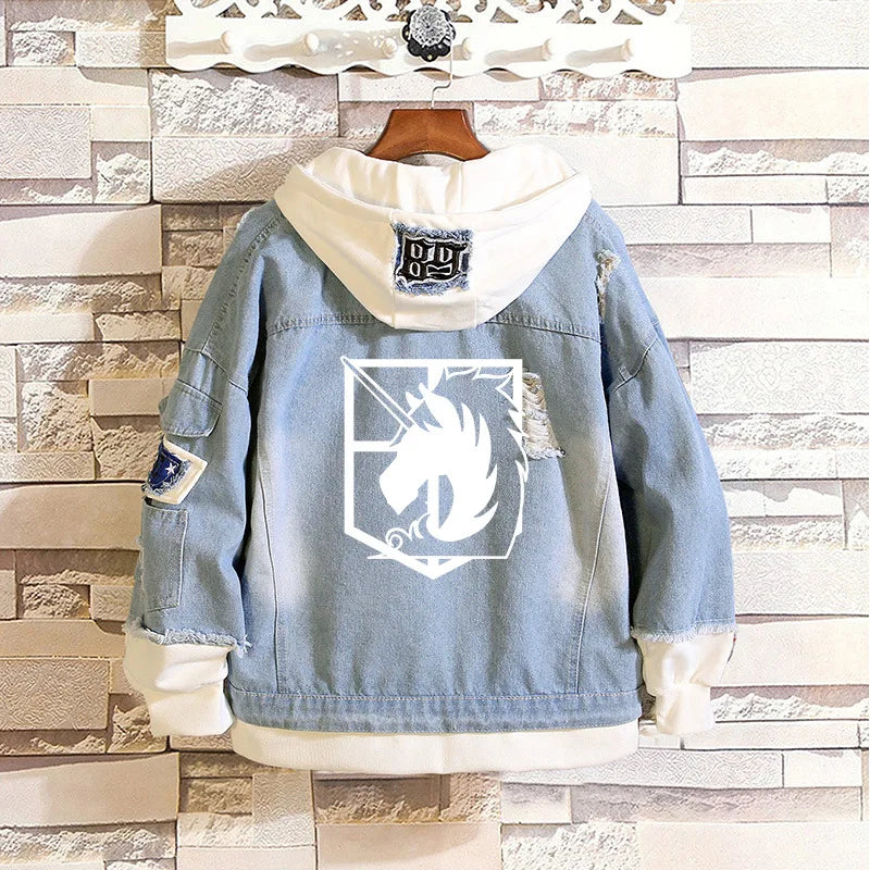 2023 Attack on Titan Jeans Jacket Scout Regiment Cosplay Denim Jacket Autumn Eren Jager Hooded Sweatshirt Outwear Coat